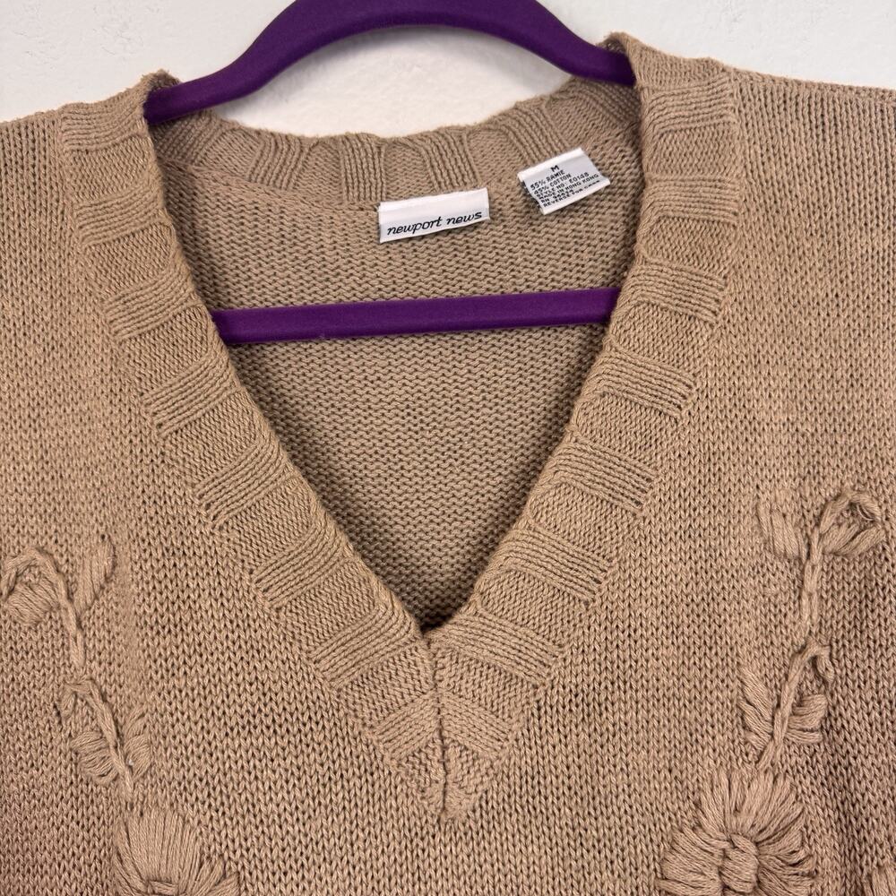 Vintage Newport News Embroidered 90s Mom Knit Tunic Sweater Cottagecore Tan M - Picture 3 of 16